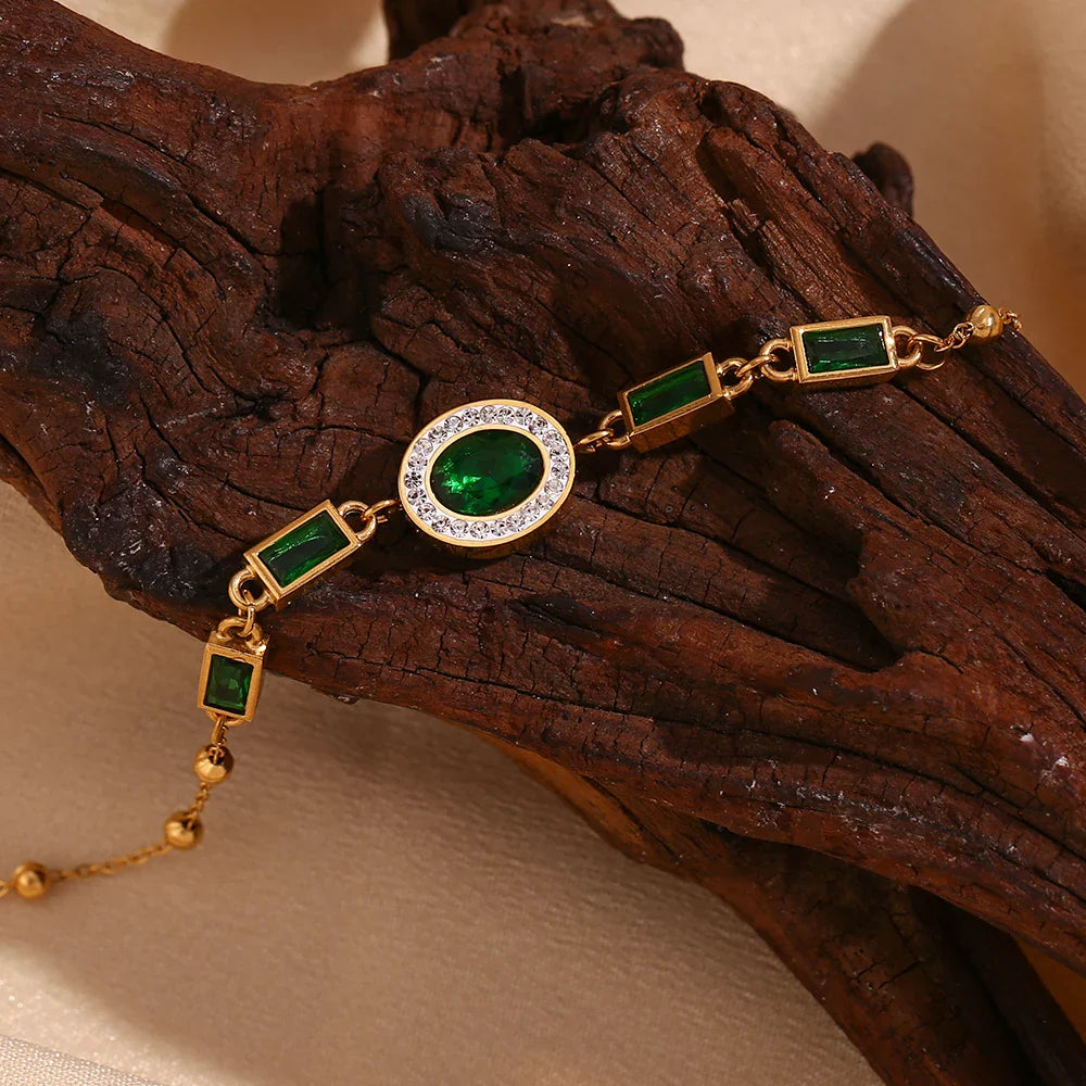 Bracelet Ovale Vert Zircon Plaqué Or 18K